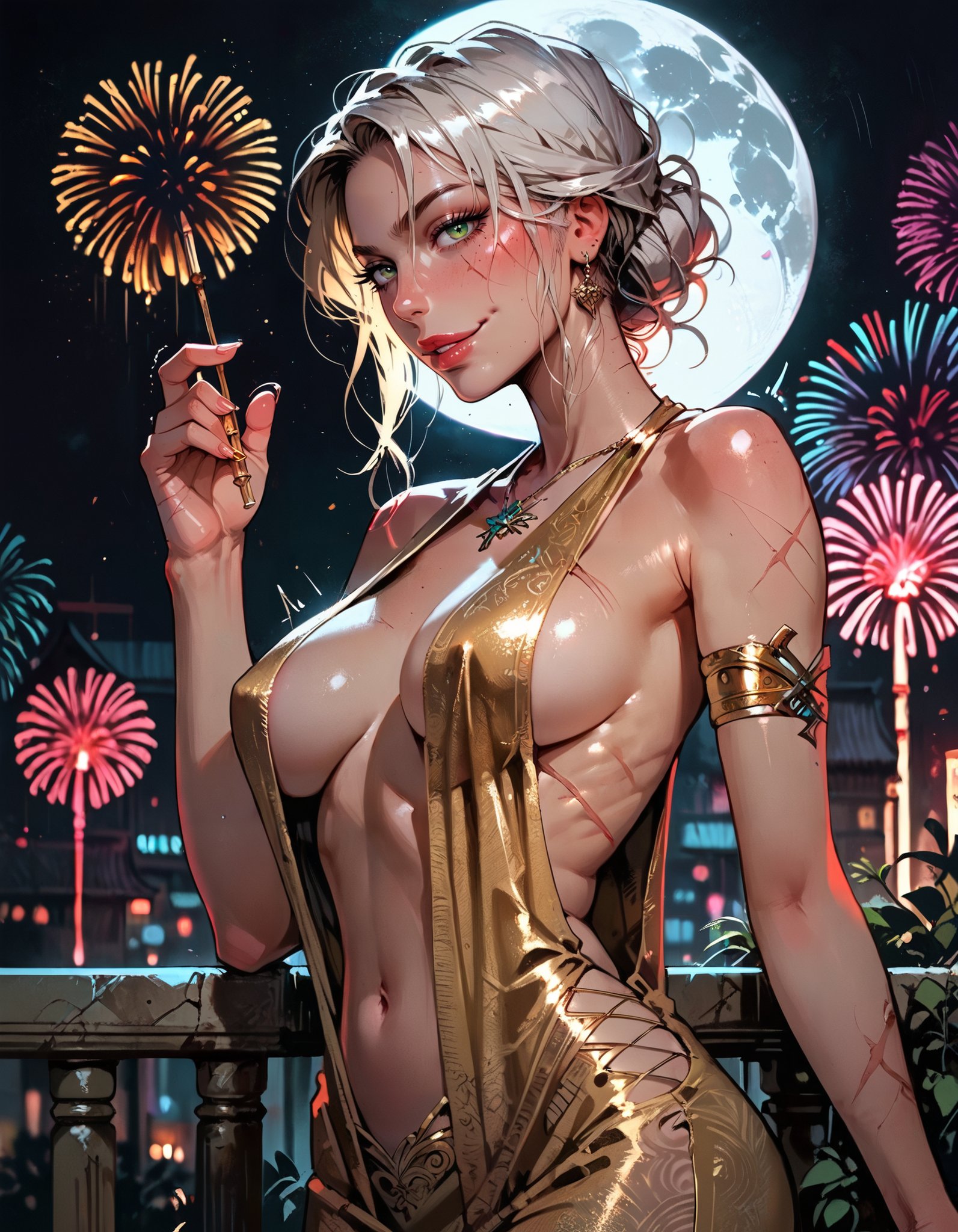 ai generated, boob window, breasts, cd projekt red, choker, ciri, dress, earrings, female, fireworks, full moon, gold dress, green eyes, makeup, manofmidas, navel, new year, scars, sideboob, the witcher, the witcher (series), the witcher 3: wild hunt, white hair