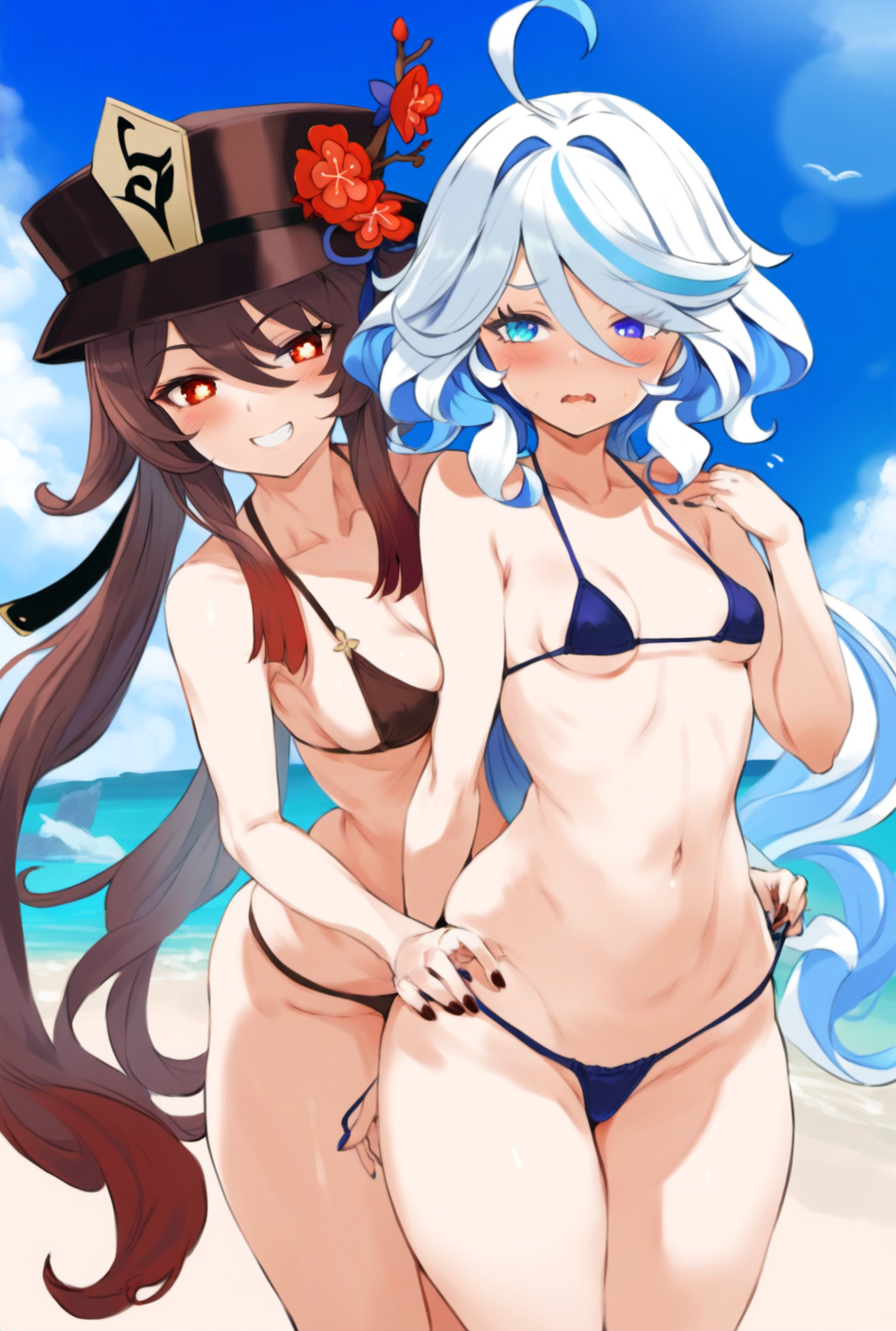 2girls ahoge ai_generated beach bikini black_bikini black_hair black_headwear blue_eyes blue_sky blush breasts brown_hair cowboy_shot day flower furina_(genshin_impact) genshin_impact grin hat hu_tao_(genshin_impact) long_hair looking_at_viewer micro_bikini multicolored_hair multiple_girls nail_polish navel ocean outdoors parted_lips red_flower sky small_breasts smile standing swimsuit two-tone_hair very_long_hair yuri