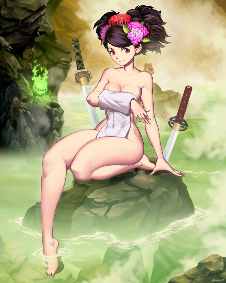 bare_legs barefoot bathing black_hair covering_breasts female foot_fetish genzoman momohime muramasa_the_demon_blade nude onsen red_eyes smile solo thighs tied_hair towel towel_only