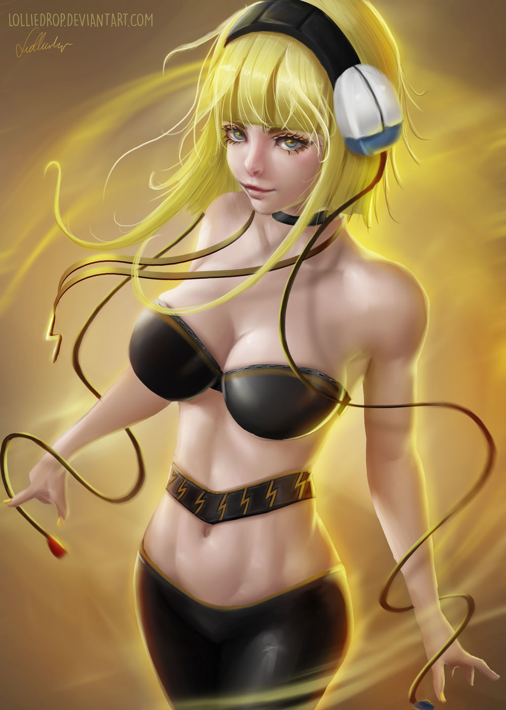 1girls, bare shoulders, belly, blonde, blonde hair, blue eyes, breasts, cable, cleavage, covered breasts, elesa (pokemon bw), elesa (pokemon), female, female only, gym leader, headphones, high resolution, human, human only, large breasts, lolliedrop, long hair, midriff, nail polish, navel, nintendo, pants, pokemon, pokemon bw, solo
