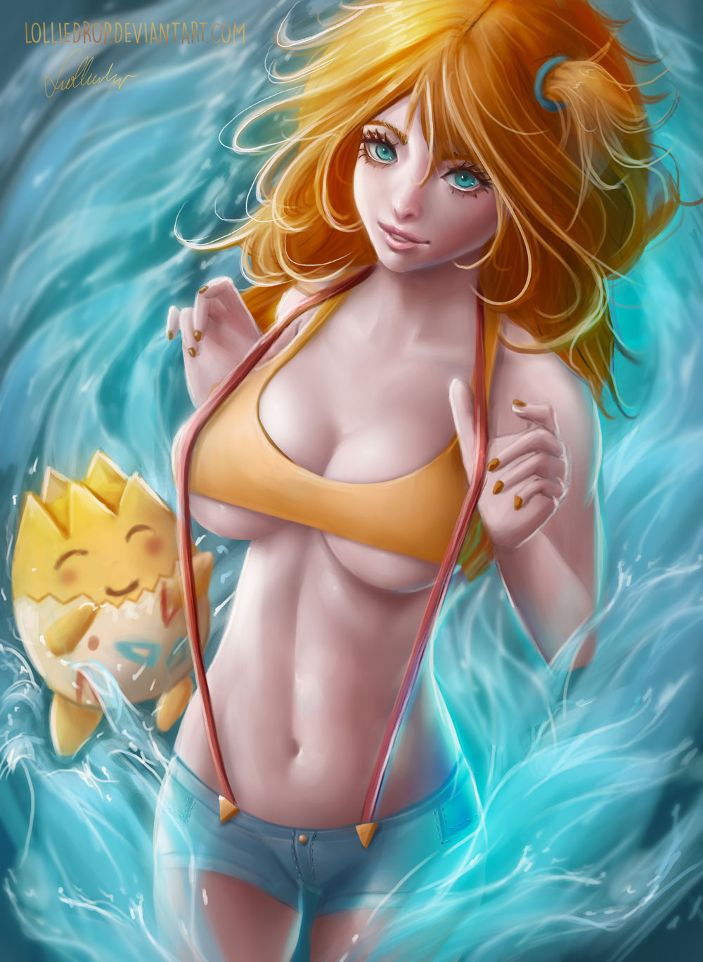 1girls, belly, blue eyes, breasts, cleavage, covered breasts, female, female torso, high resolution, hips, hot pants, human, human only, kasumi (pokemon), large breasts, legs, lolliedrop, long hair, midriff, nail polish, navel, nintendo, orange hair, pokemon, pokemon frlg, pokemon hgss, pokemon rgby, shorts, suspenders, thighs, togepi, water, wet