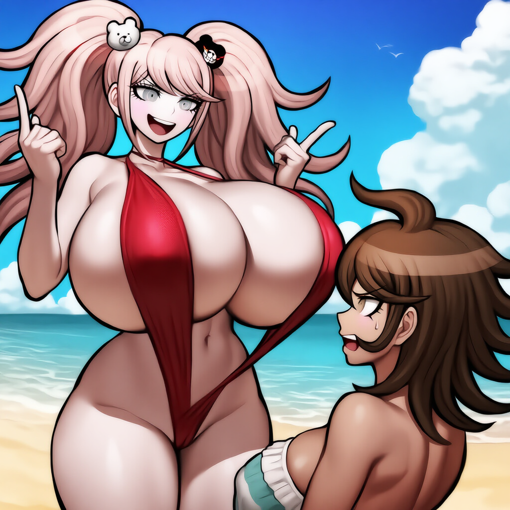 2girls ai_generated beach cow-ede_akamatsu danganronpa huge_breasts junko_enoshima owari_akane sling_bikini smug tagme