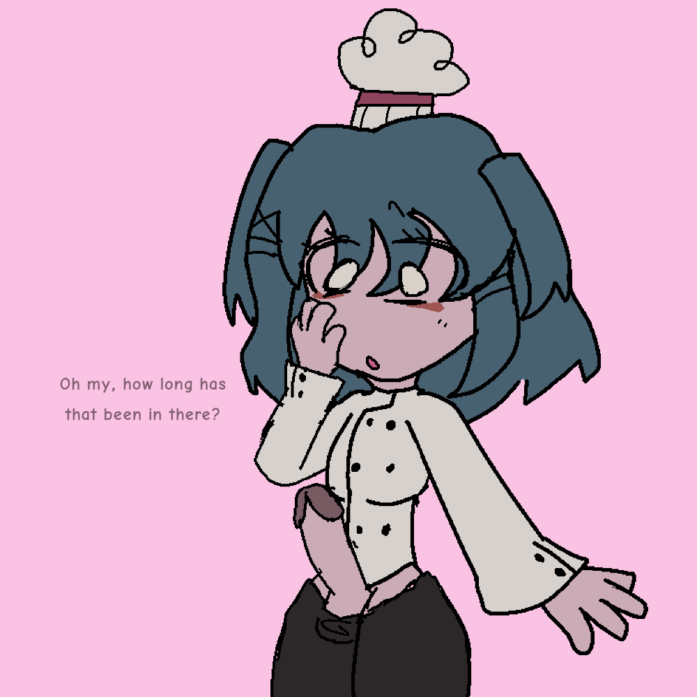 black_pants blue_hair breasts chef chef_hat chef_uniform clothed clothing color colored dialogue english english_text erect_penis erection fixed_version futa_only futanari goodbudsog_(artist) ibispaintx intersex intersex_only lacey's_flash_games lacey’s_diner lacey_(lacey's_flash_games) long_hair pink_background pink_text simple_background surprised surprised_expression thick_thighs