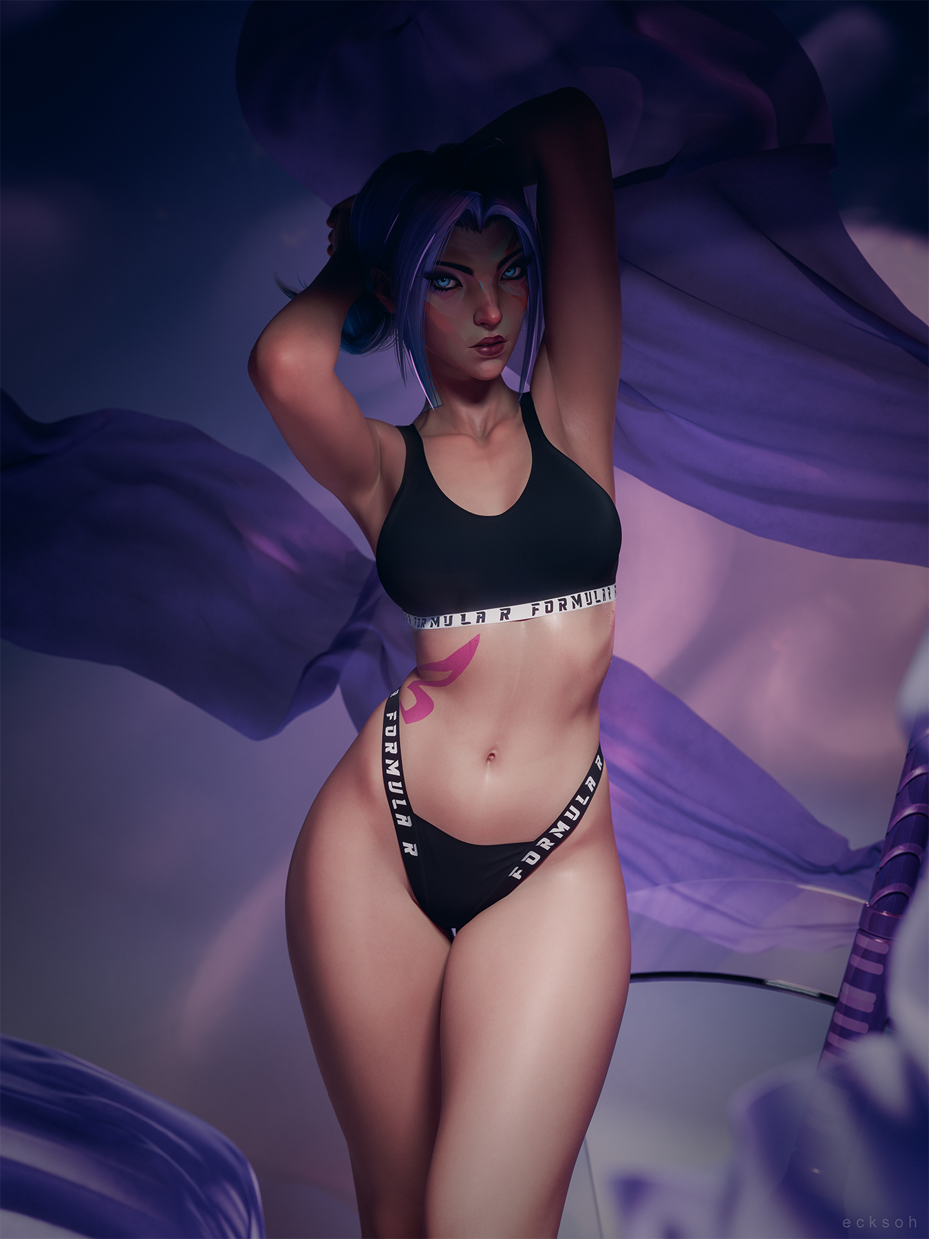 1girls, 2025, 3d, armpit pose, armpits, big breasts, blue eyes, bra, covered breasts, ecksoh, eyeliner, eyeshadow, female, female only, female torso, hairless armpits, hands behind head, highleg thong, highly detailed, legs together, lipstick, long hair, looking at viewer, marvel, marvel rivals, navel, no nude, no nudity, non nude, non-nude, psylocke, psylocke (marvel rivals), psylocke (sai) (fleeting butterfly), purple hair, side tattoo, solo, sports bra, standing, thick thighs, thigh gap, thighs, thong, x-men