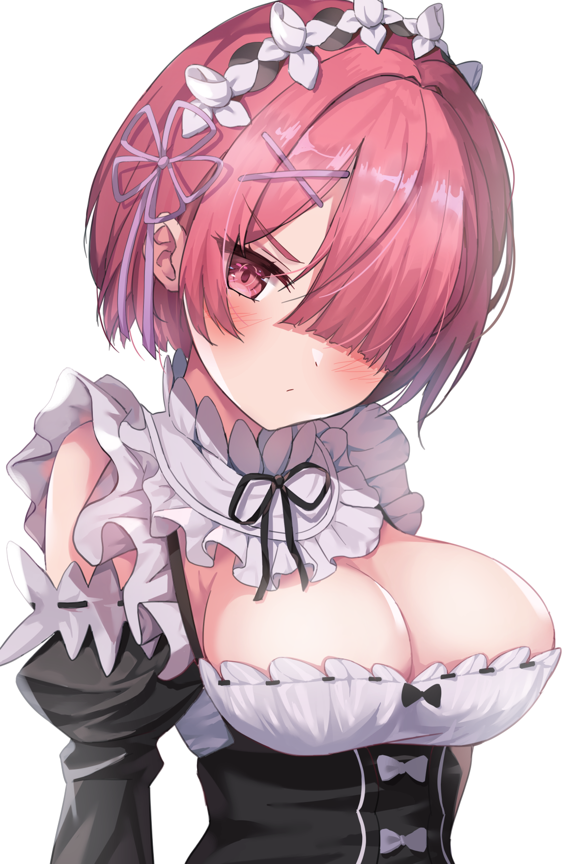 alternate breast size, amanoyui, bare shoulders, big breasts, blush, breasts, cleavage, closed mouth, detached sleeves, female, hair ornament, hair over one eye, maid, maid apron, maid headdress, pink eyes, pink hair, ram (re:zero), re:zero kara hajimeru isekai seikatsu, shiny skin, short hair, upper body