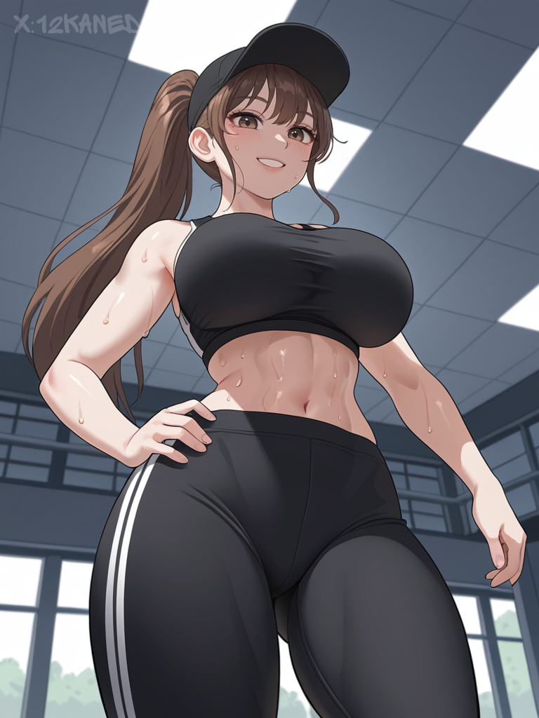 12kaneda12 ai_generated below_view brown_eyes brown_hair cap gym gym_clothes large_breasts looking_at_viewer ponytail sweating watermark wide_hips