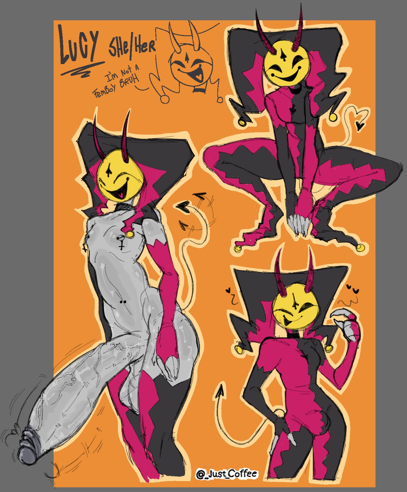 1futa, 1girls, 2d, 2d (artwork), balls, female, futanari, hyper penis, intersex, jester, just coffee, lucy (just coffee), nude, penis, tagme, text