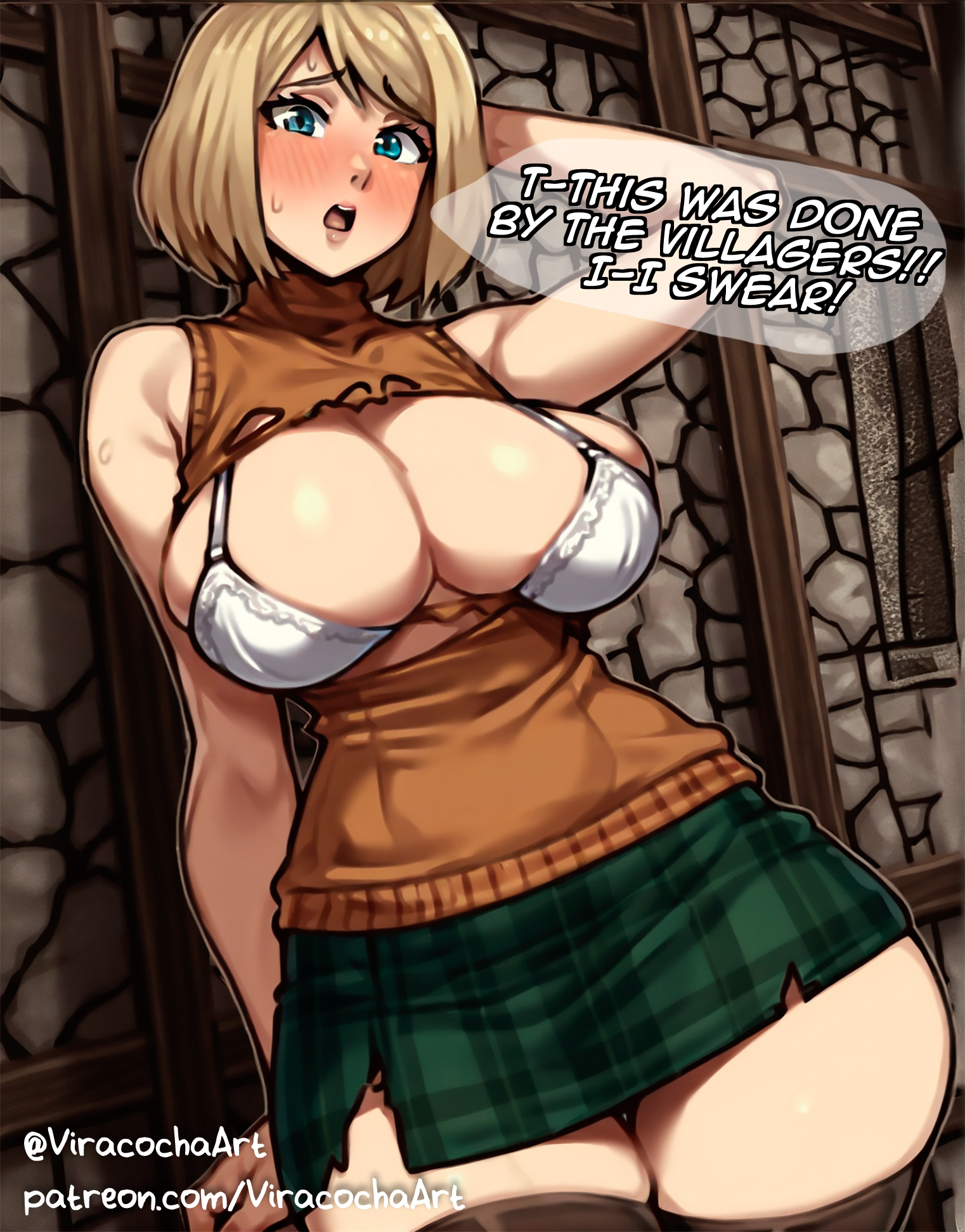 ai assisted, ai generated, ashamed, ashley graham, big breasts, blonde female, blonde hair, blush, blushing female, bra, breasts, digital drawing (artwork), exposed breasts, female, hourglass figure, hourglass figured female, huge breasts, miniskirt, resident evil, resident evil 4, seductive, seductive look, short hair, skirt, torn clothes, torn clothing, underwear, viracochaart, wide hips