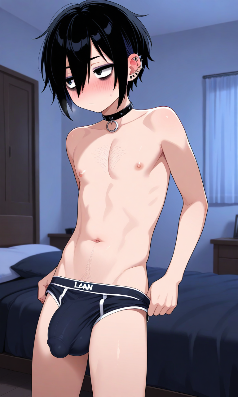 ai_generated bedroom bedroom_setting big_bulge black_hair blush blush_lines choker clothing dark_background detailed_bulge ear_piercing embarrassed emo eyebags eyelashes eyeliner femboy femboy_focus femboy_only goth goth_boy gothic hairy_chest happy_trail lean_body lean_figure lean_muscle looking_away male male_focus male_only pierced_ears pulling_underwear solo solo_femboy solo_focus solo_male strip_tease teen teen_boy teenager thighs