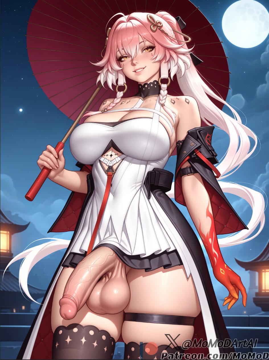 1futa ai_generated bare_shoulders breasts changli_(wuthering_waves) dress full_moon futanari holding_object holding_umbrella long_hair looking_at_viewer momodart multicolored_hair night penis pink_hair smile solo stable_diffusion tagme testicles thighhighs white_hair wuthering_waves yellow_eyes