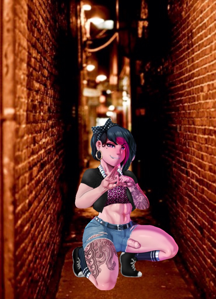 1boy, alley, androgynous, ass, balls, beauty mark, big ass, big butt, bow, crossdressing, edit, femboy, girly, guy hamdon, heart-shaped pupils, heterochromia, hoop earrings, huge ass, jlullaby, makeup, male, male only, necklace, no panties, penis, shezow, shezow (character), shoes, short pants, six pack, solo, solo male, tattoo, testicles, trap, two-tone hair