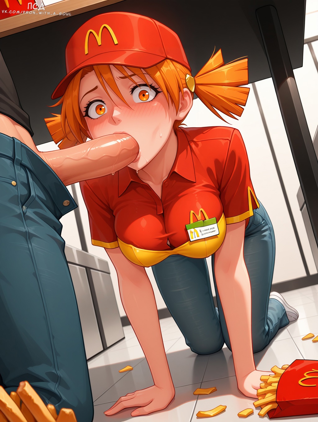 ai generated, alisa (everlasting summer), all fours, blush, everlasting summer, female, looking at viewer, mcdonald's, oral, red hair