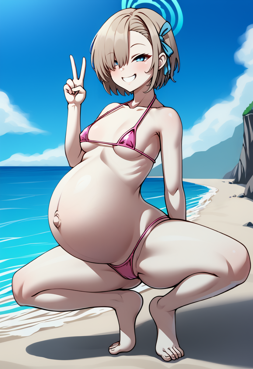 ai_generated alternate_breast_size alternate_hairstyle asuna_(blue_archive) barefoot beach bikini blonde_hair blue_archive blue_eyes blush breasts day female grin hair_over_one_eye incest_pregnancy konoshige_(style) looking_at_viewer micro_bikini navel ocean outdoors pink_bikini pregnant ribbon self_upload short_hair small_breasts smile solo squatting swimsuit v