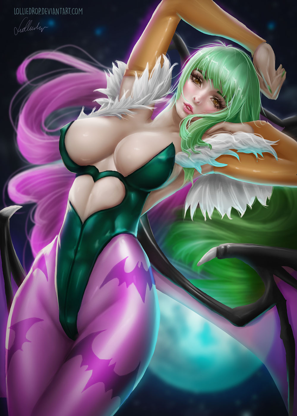 1girls, aqua hair, bat print, bat wings, belly, blue hair, breasts, bridal gauntlets, capcom, cleavage, clothing, covered breasts, darkstalkers, demon, demon girl, female, female only, head wings, heart cutout, high resolution, hips, large breasts, legs, legwear, leotard, lolliedrop, long hair, medium breasts, morrigan aensland, nail polish, pantyhose, print legwear, print pantyhose, solo, succubus, thighs, wings