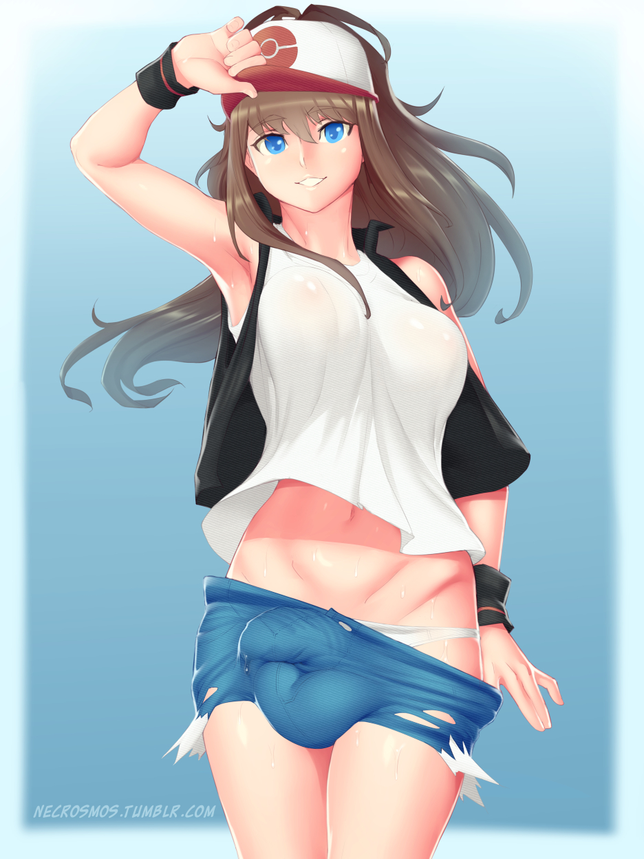 1futa balls blue_eyes breasts brown_hair bulge cleavage erection erection_under_clothes futa_only futanari hilda_(pokemon) human intersex long_hair looking_at_viewer necrosmos penis penis_under_clothes pokemon short_shorts solo testicles