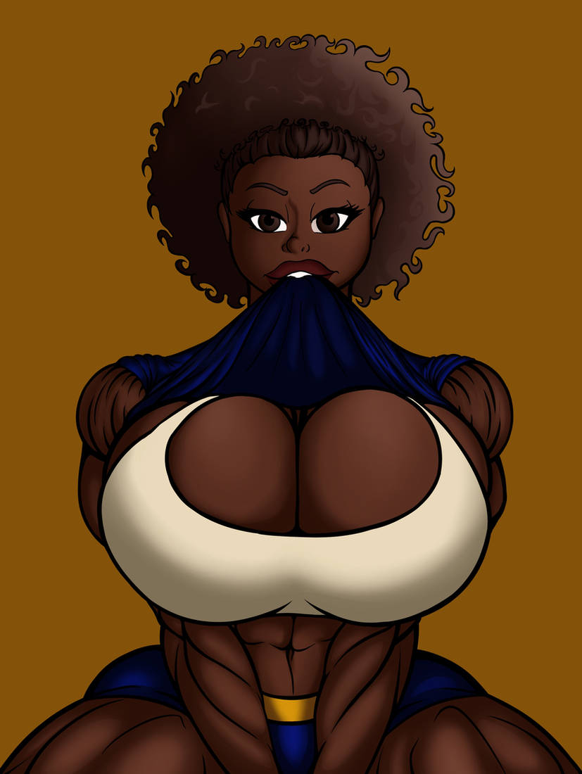 abs african_female afro biting_clothes breasts dakota_(tomkat96) dark-skinned_female deltoids gym_clothes huge_breasts large_breasts muscular muscular_female oc quads tomkat96