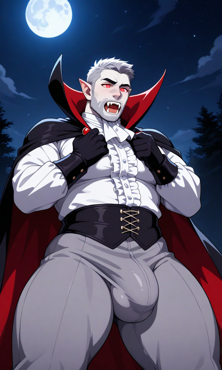 ai_generated beard bulge bulge_under_clothes cape clothed clothing corset dracula fangs fangs_out full_moon fully_clothed glowing_eyes gray_hair hissing huge_pecs male male_focus male_only mature_male moon moonlight muscles muscular muscular_male open_mouth pecs pectorals pointy_ears red_eyes sideburns solo solo_focus solo_male solo_male starry_background starry_sky thick_eyebrows thong_only tight_clothes tight_clothing vampire vampire_costume