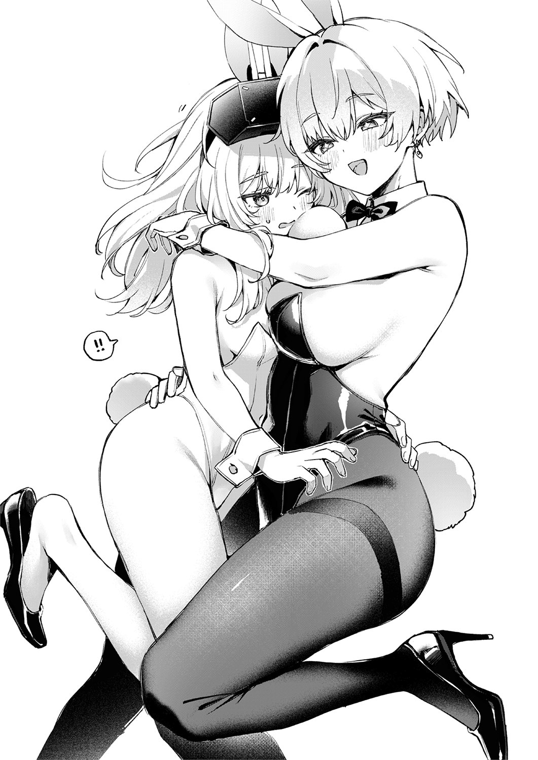 2girls animal_ears bow bowtie breasts covered_navel earrings fake_animal_ears fake_tail goddess_of_victory:_nikke greyscale headgear high_heels highleg highleg_leotard highres jewelry leotard liliweiss liliweiss_(nikke) monochrome multiple_girls pantyhose playboy_bunny rabbit_ears rabbit_tail simple_background snow_white_(innocent_days)_(nikke) snow_white_(nikke) strapless strapless_leotard tail traditional_bowtie white_background wrist_cuffs yatanukikey