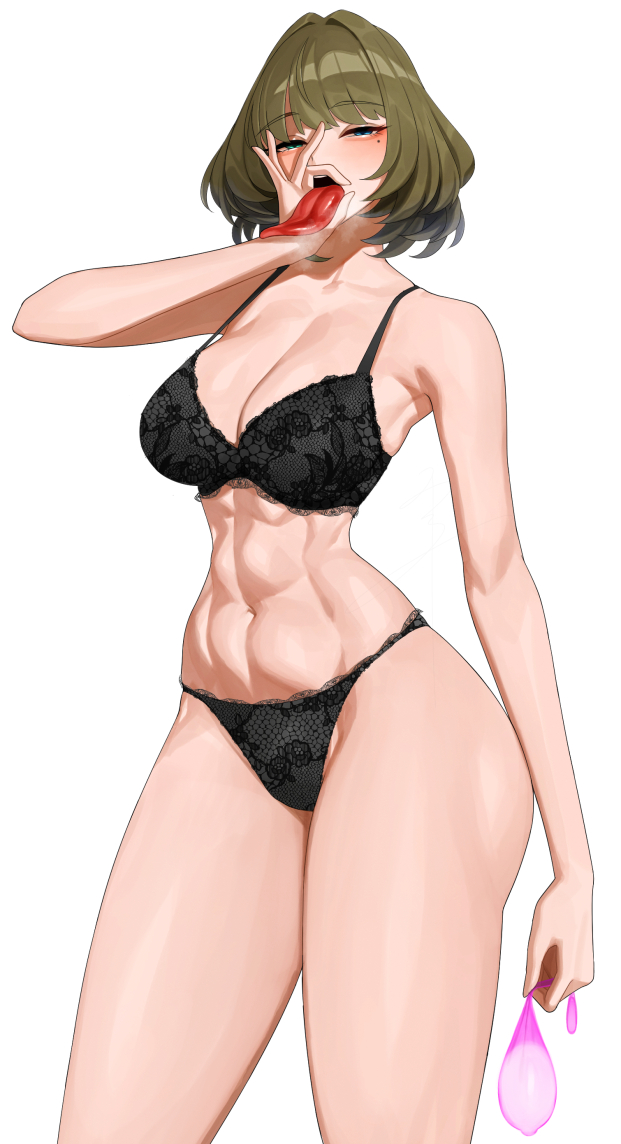 abs ass bare_legs black_bra black_panties blue_eyes blunt_bangs blush bob_cut bra breasts cleavage commentary_request condom contrapposto cowboy_shot fellatio_gesture female green_eyes green_hair hair_intakes half-closed_eyes heterochromia holding holding_condom idolmaster idolmaster_cinderella_girls large_breasts long_tongue looking_at_viewer mole mole_under_eye navel open_mouth panties senju_(snz0) short_hair simple_background solo standing stomach takagaki_kaede thighs tongue tongue_out underwear underwear_only used_condom white_background