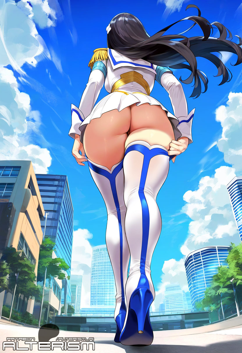 1girls ai_generated alterism ass ass_focus black_hair city facing_away fat_ass from_behind from_below high_heel_boots high_heels huge_ass kill_la_kill kiryuuin_satsuki light-skinned_female light_skin miniskirt outdoors school_uniform shiny_skin skindentation skirt solo solo_female solo_focus street upskirt very_long_hair walking