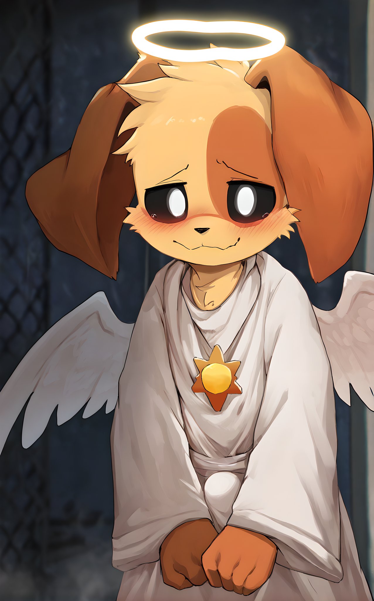 1boy angel_wings anthro anthro_dog anthropomorphic blush bulge bulge_through_clothing canid canine canis critters_(poppy_playtime) cute cute_male dogday_(poppy_playtime) domestic_dog embarrassed erection_under_clothes furry halo heaven_gates looking_at_viewer male male_only no_humans orange_fur poppy_playtime poppy_playtime_(chapter_3) robe robe_only shenshen_gyech_(artist) smiling_critters sun_pendant