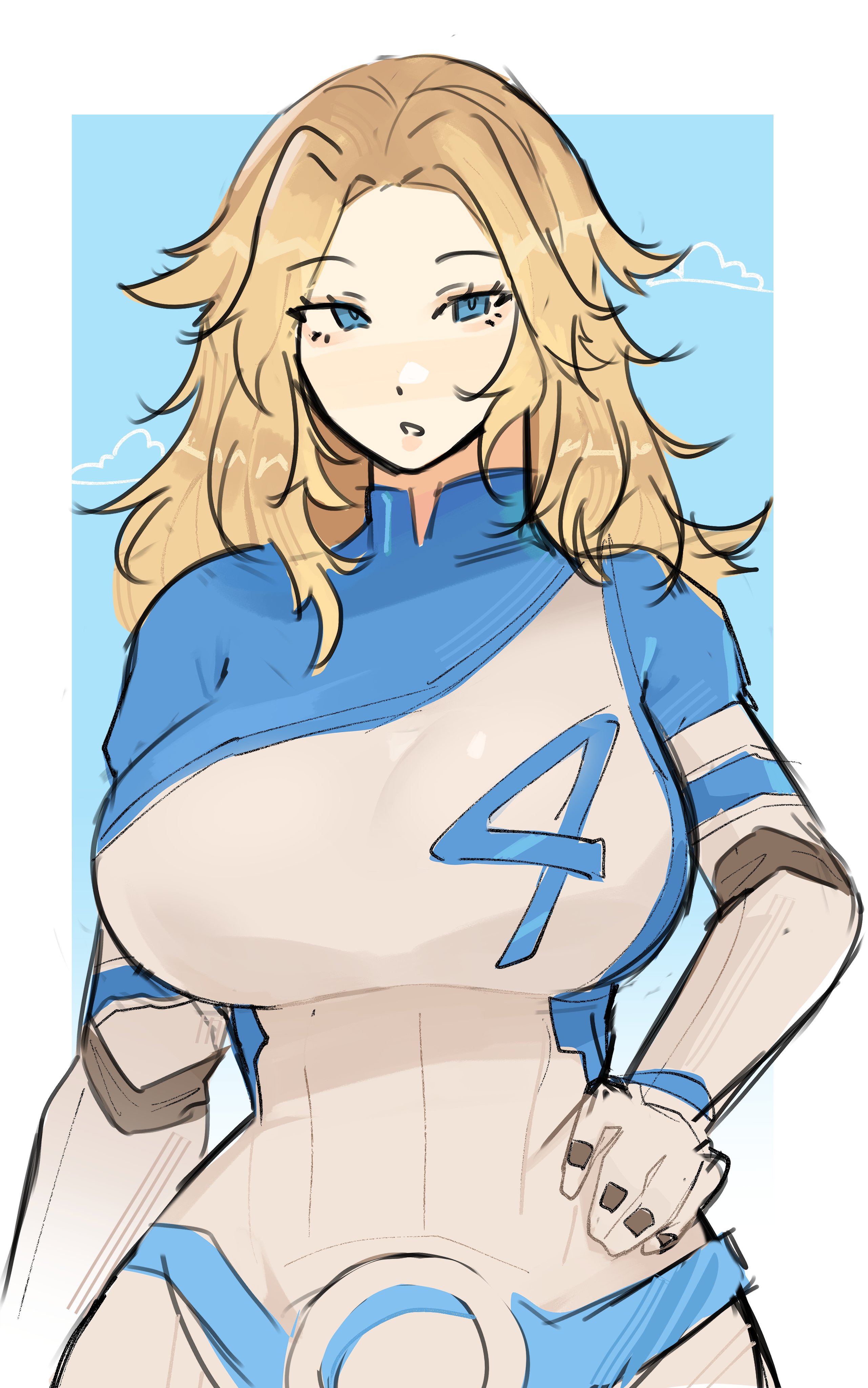 2d, big breasts, blonde hair, breasts, clothed, clothes, clothing, curvaceous, curvaceous body, curvaceous female, curvaceous figure, curvaceous hips, curvy, curvy body, curvy female, curvy figure, curvy hips, earrings, fantastic four, female, fully clothed, invisible woman, invisible woman (marvel rivals), kittysuisu, marvel, marvel comics, marvel rivals, milf, sitting, skin tight, sue richards, sue storm, suit, superheroine, thick thighs, thighs, tight suit