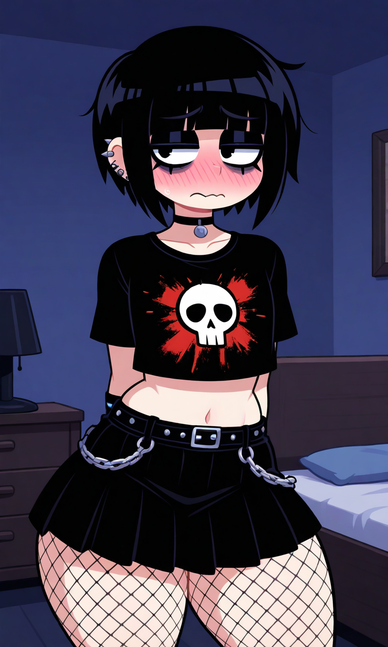 ai_generated bedroom bedroom_setting belt big_thighs black_hair blush blush_lines chains choker clothed clothing crop dark_background ear_piercing embarrassed emo eyebags eyelashes eyeliner femboy femboy_focus femboy_only feminization fishnet_legwear fishnets forced_feminization goth goth_boy gothic hands_behind_back looking_away male male_focus male_only pierced_ears skirt solo solo_femboy solo_focus solo_male thick_thighs thighs top