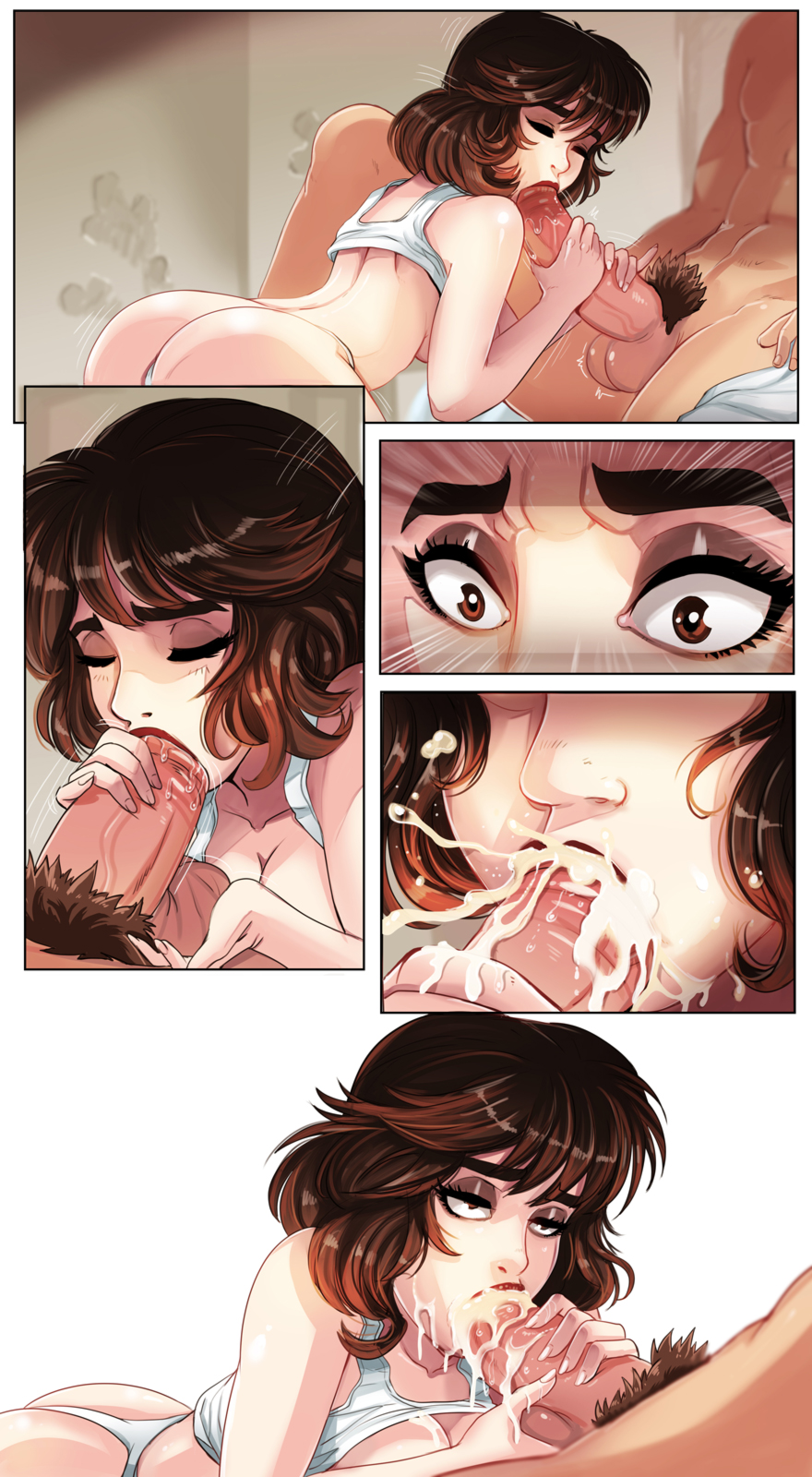 1boy, 1girls, balls, big penis, brown hair, caressing balls, caressing testicles, closed eyes, comic, cum, cum in mouth, cum inside, cum overflow, cupping balls, eyeshadow, fellatio, female, handjob, hmage, human, lipstick, makeup, male, oral, panties, penis, sex, shirt, shirt lift, short hair, testicles