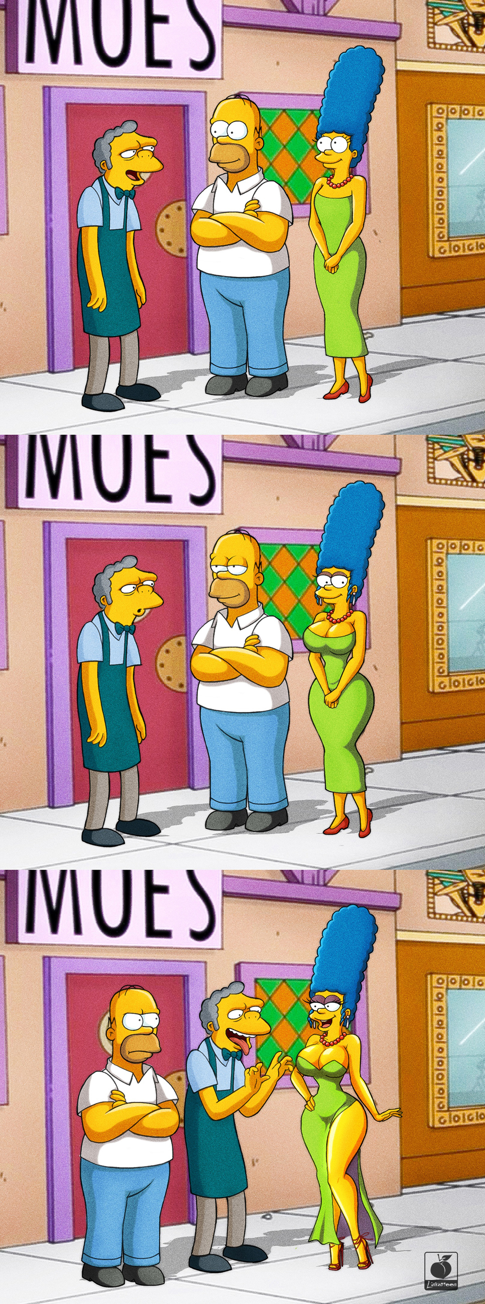 ass_expansion bald big_breasts bimbofication blue_hair breast_expansion breasts cleavage dress earrings female hair homer_simpson large_breasts linkartoon male marge_simpson moe_szyslak the_simpsons wide_hips