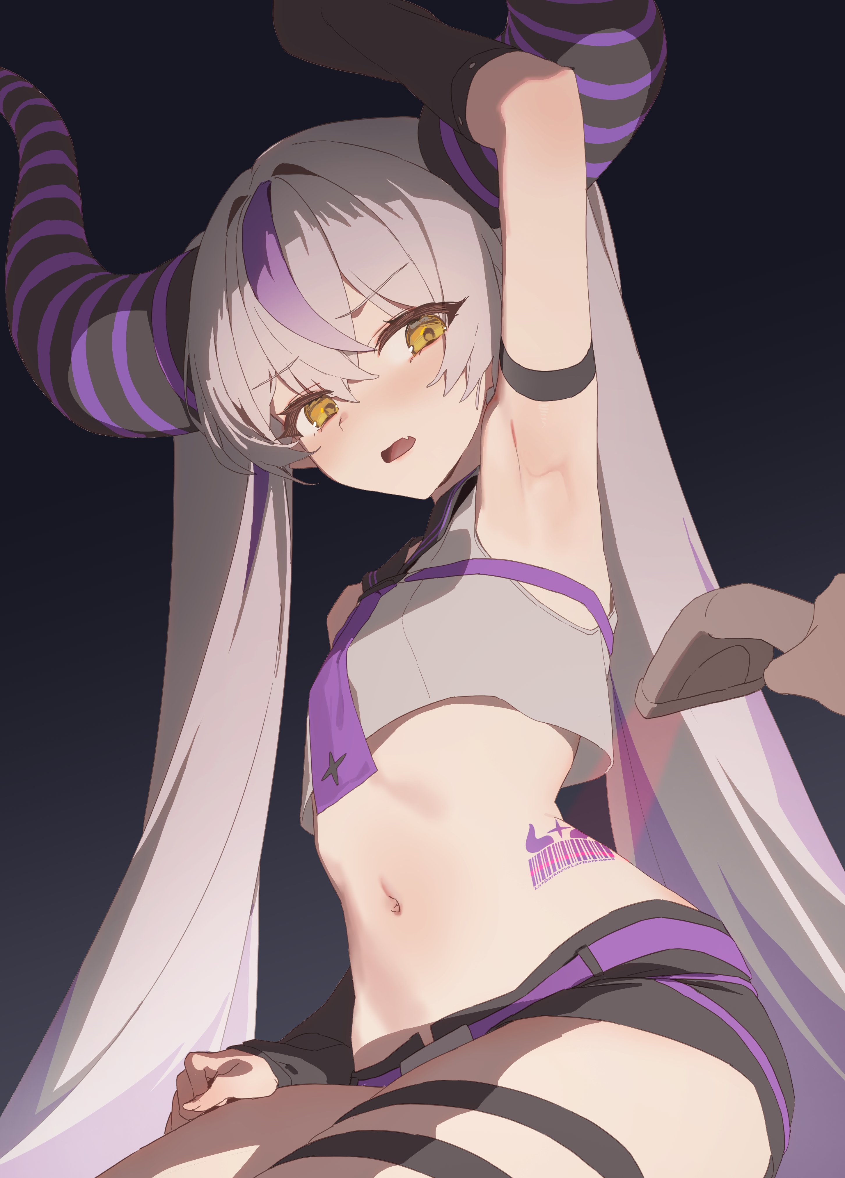 armpit, hololive, hololive japan, holox, horns, la+ darknesss, pepperdevil, tagme, virtual youtuber, yellow eyes
