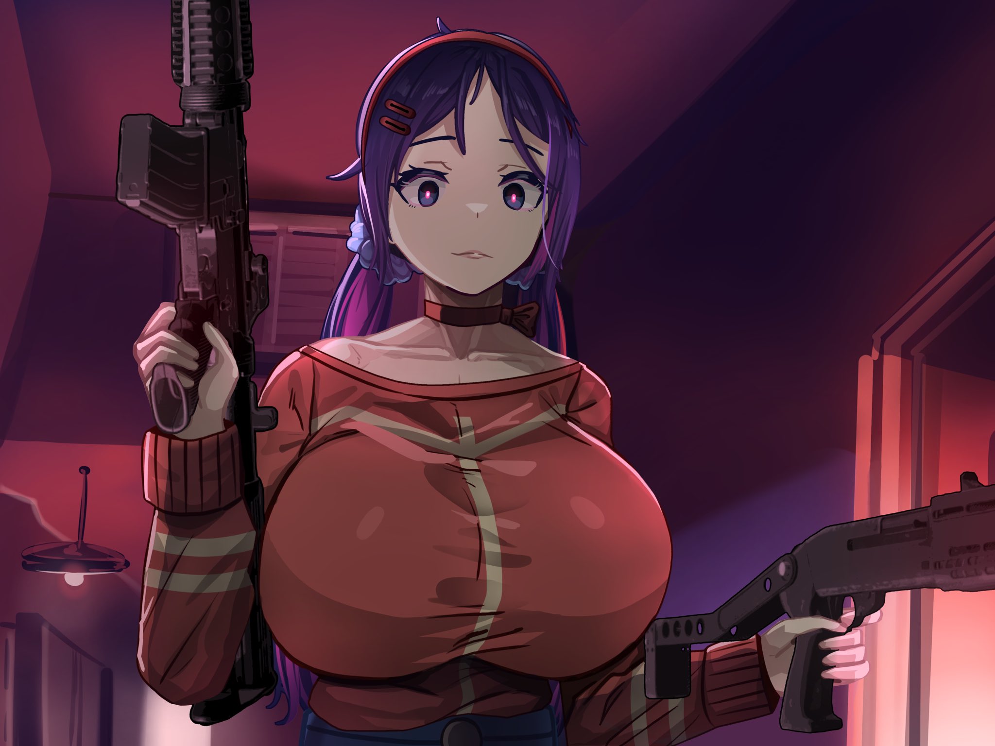 1girls, artist request, big breasts, blue hair, breasts, crazy mita (miside), female, female only, fully clothed, gun, looking at viewer, miside, purple eyes, purple hair, solo, tagme, weapon