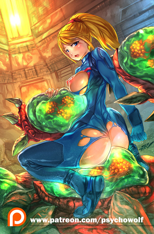 areolae artist_name ass blonde_hair blue_eyes bodysuit breast_cutout breasts crotch_cutout dat_ass female from_behind looking_back metroid metroid_(creature) mole mole_under_mouth nintendo nipples open_mouth patreon ponytail psychowolf ripped_clothes ripped_clothing samus_aran sideboob tied_hair torn_clothes torn_clothing web_address zero_suit zero_suit_samus