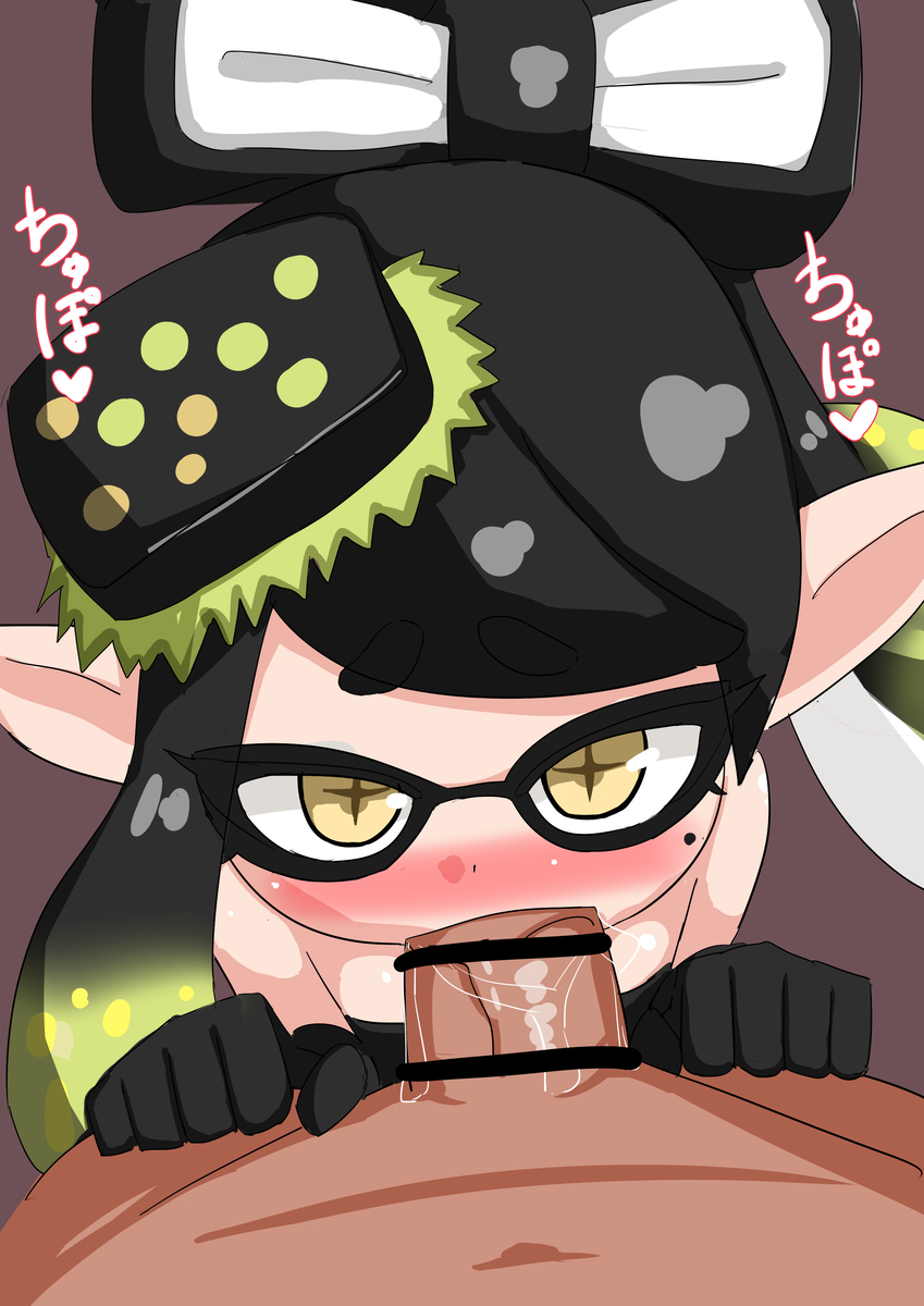 1boy 1girls black_gloves blush callie_(alterna) callie_(splatoon) fellatio gloves hair hair_ornament inkling inkling_girl long_hair looking_at_viewer mole mole_under_eye nintendo penis penis_in_mouth pointy_ears splatoon splatoon_3 splatoon_3:_return_of_the_mammalians sucking sucking_penis tentacle_hair translation_request two_tone_hair wadatumi108