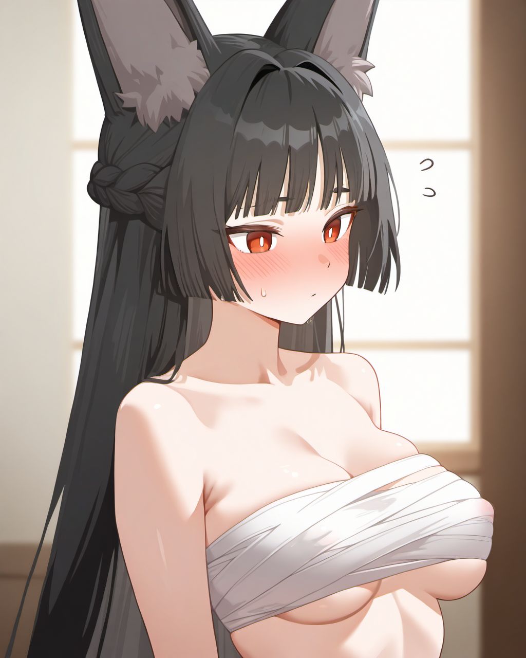 1girls ai_generated animal_ears bandage breasts female female_only fox_ears fox_girl hoshimi_miyabi large_breasts long_hair red_eyes sarashi zenless_zone_zero