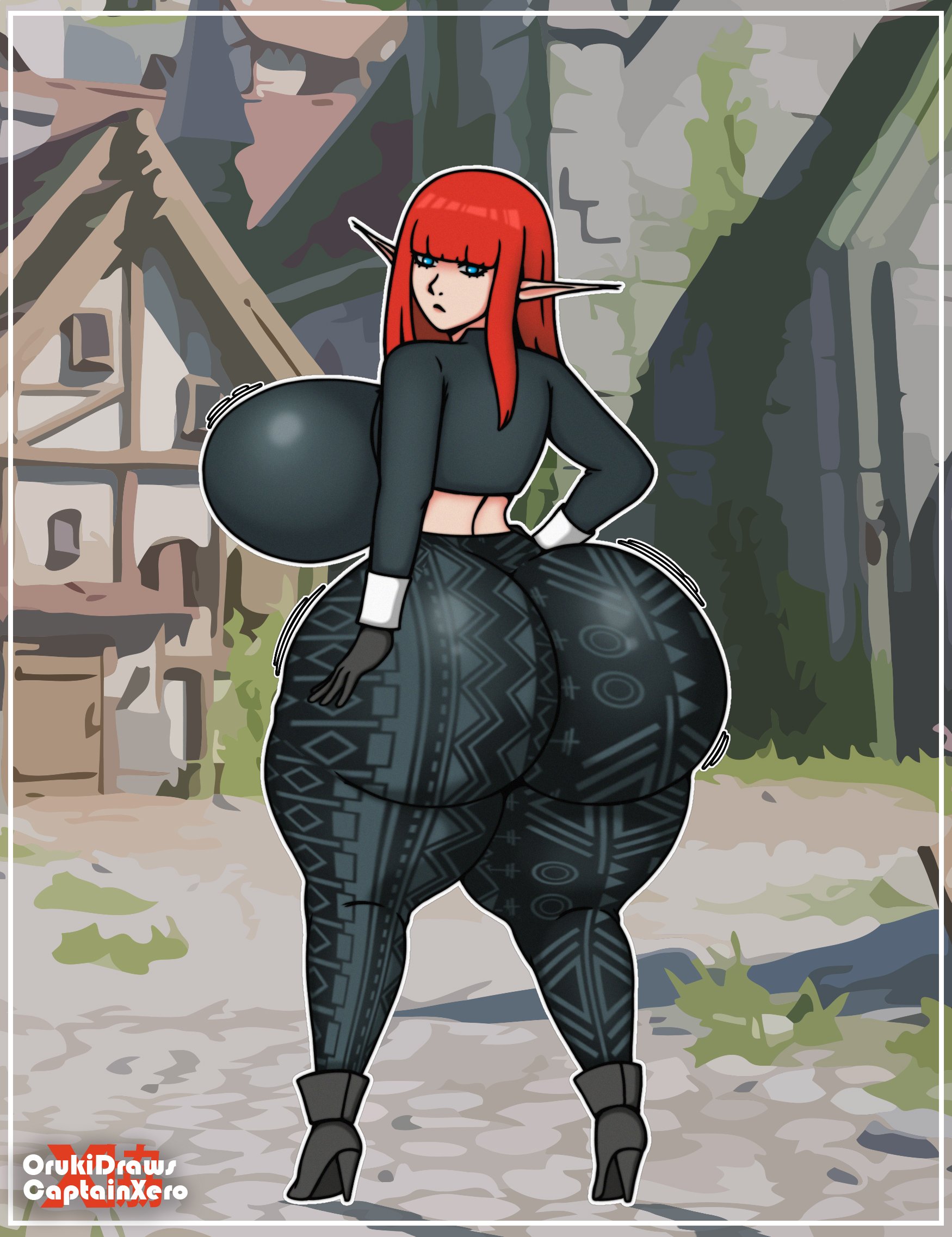 1girls, alternate ass size, alternate breast size, ass, back view, big ass, big breasts, blue eyes, breasts, captainxero, clothed, eiselin hulkenberg, elf ears, female, female focus, female only, flare pants, forbidden pants, from behind, fully clothed, high heels, huge ass, huge breasts, light skin, light-skinned female, looking at viewer, looking back, metaphor: refantazio, orukidraws, red hair