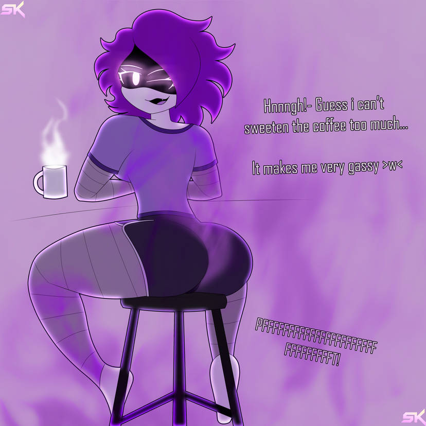 coffee cup dialogue fart fart_fetish fully_clothed glitch_productions murder_drones purple_background purple_eyes purple_hair samkvevo screen_face tagme thick_thighs uzi_(murder_drones)