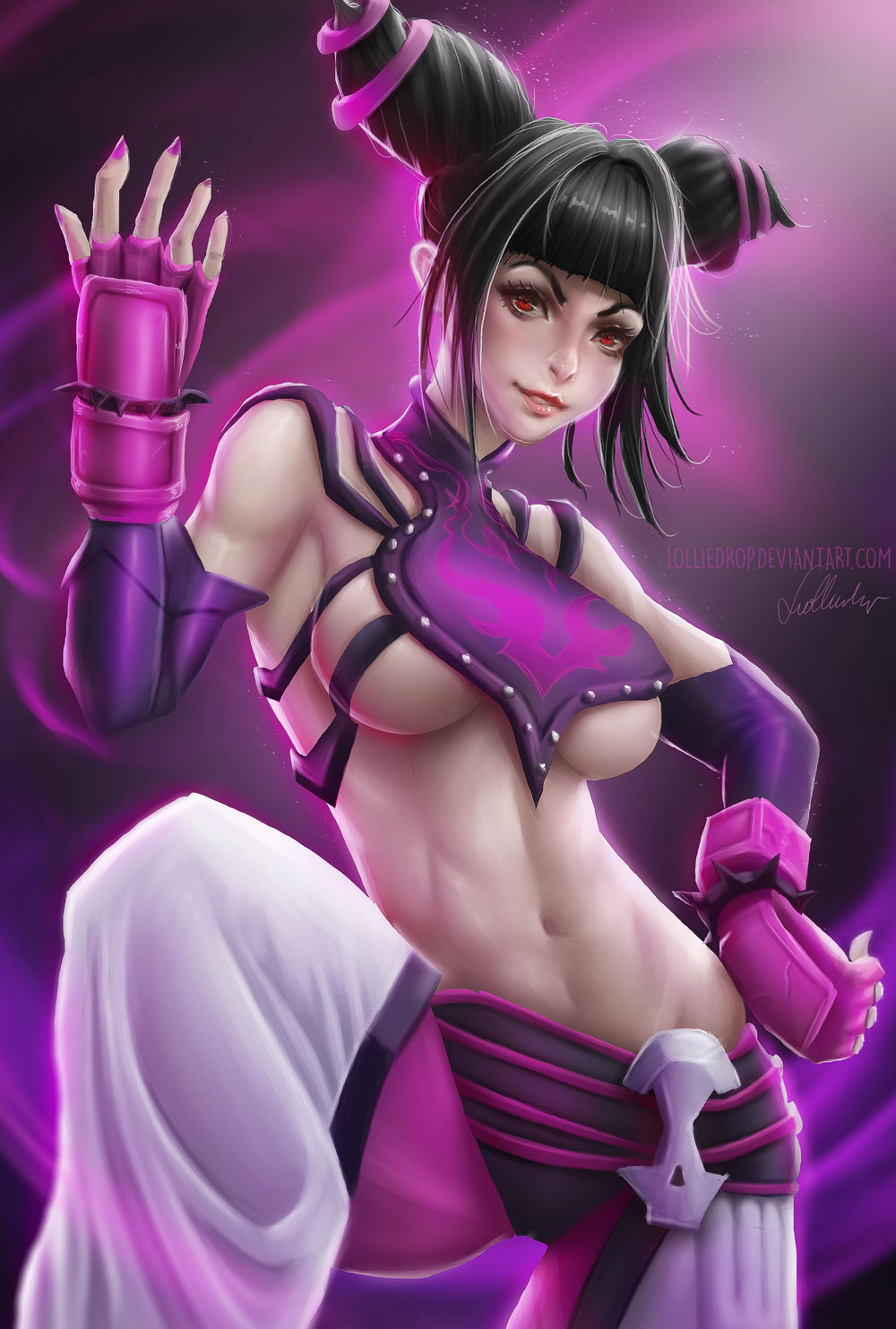 1girls baggy_pants belly black_hair breasts capcom cleavage covered_breasts drill_hair female female_only fingerless_gloves gauntlets gloves high_resolution juri_han large_breasts lolliedrop long_hair midriff nail_polish navel pants red_eyes solo street_fighter street_fighter_iv street_fighter_v super_street_fighter_iv twin_drills underboob