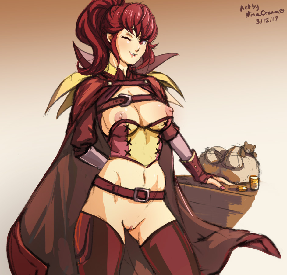 anna (fire emblem awakening), anna (fire emblem), arm support, belt, breasts, bustier, cape, corset, female, fingerless gloves, fire emblem, fire emblem awakening, gloves, gold, high collar, long hair, minacream, money, nail polish, nipples, pussy, red eyes, red hair, red legwear, red nails, smile, solo, teddy bear, thighhighs, wink