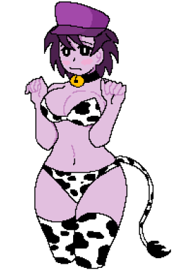 bikini blushed blushed_face breasts cow_bikini cow_tail cowkini hands_up hat questionable_consent violet_hair violet_skin violetkomara