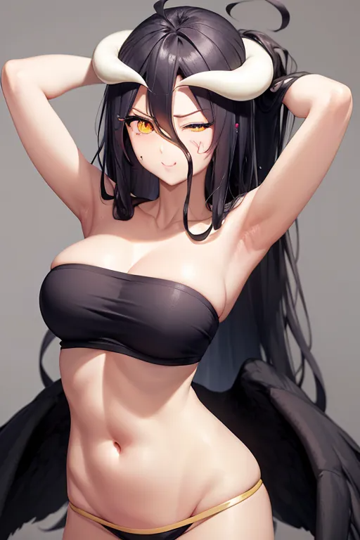 adjusting_hair ai_generated albedo_(overlord) anime anime_style black_clothing black_hair black_wings blush breasts crop_top cute cute_face demoness embarrassed female_only horns light-skinned_female light_skin looking_at_viewer medium_breasts orange_eyes overlord_(maruyama) perfect_body shy small_mouth wet_hair wings wink winking_at_viewer