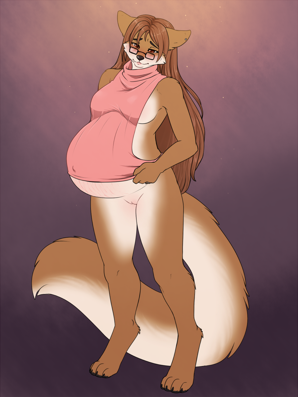 ajna anthro blush bottomless canine clothed clothing eyewear female glasses looking_at_viewer mammal pregnant pussy ready_to_pop solo standing