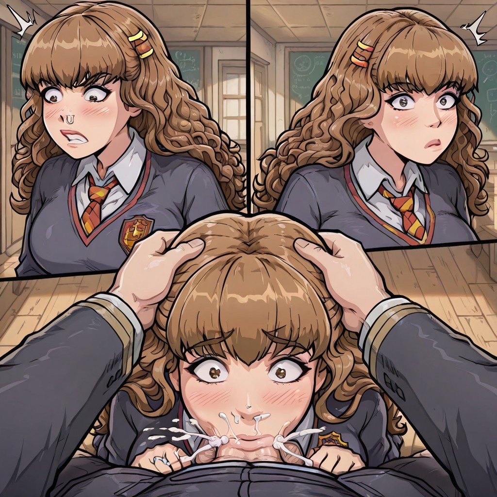 ai_generated akabur_style ass_to_mouth blowjob breasts brown_hair cum cum_in_mouth cum_in_nose cum_in_throat curly_hair deepthroat echodantalian hand_on_head hermione_granger miniskirt on_knees oral penetration pov school school_uniform schoolgirl skirt story story_in_picture sucking uniform witch_trainer