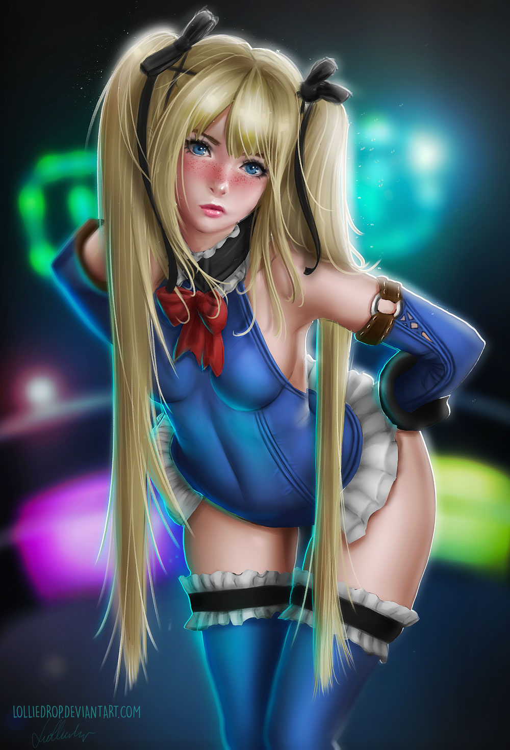 1girls, bent over, blonde, blonde hair, blonde-haired female, blue eyes, blush, breasts, covered breasts, dead or alive, dead or alive 5, dead or alive xtreme beach volleyball, elbow gloves, female, female only, frilled legwear, frilled leotard, frills, high resolution, hips, legs, legwear, leotard, light skin, light-skinned female, lolliedrop, long hair, marie rose, marie rose (devilish servant against the splashing waves), one-piece swimsuit, petite, small breasts, solo, source request, stockings, swimsuit, teenage female, teenager, thighhighs, thighs, tied hair, twintails, very long hair