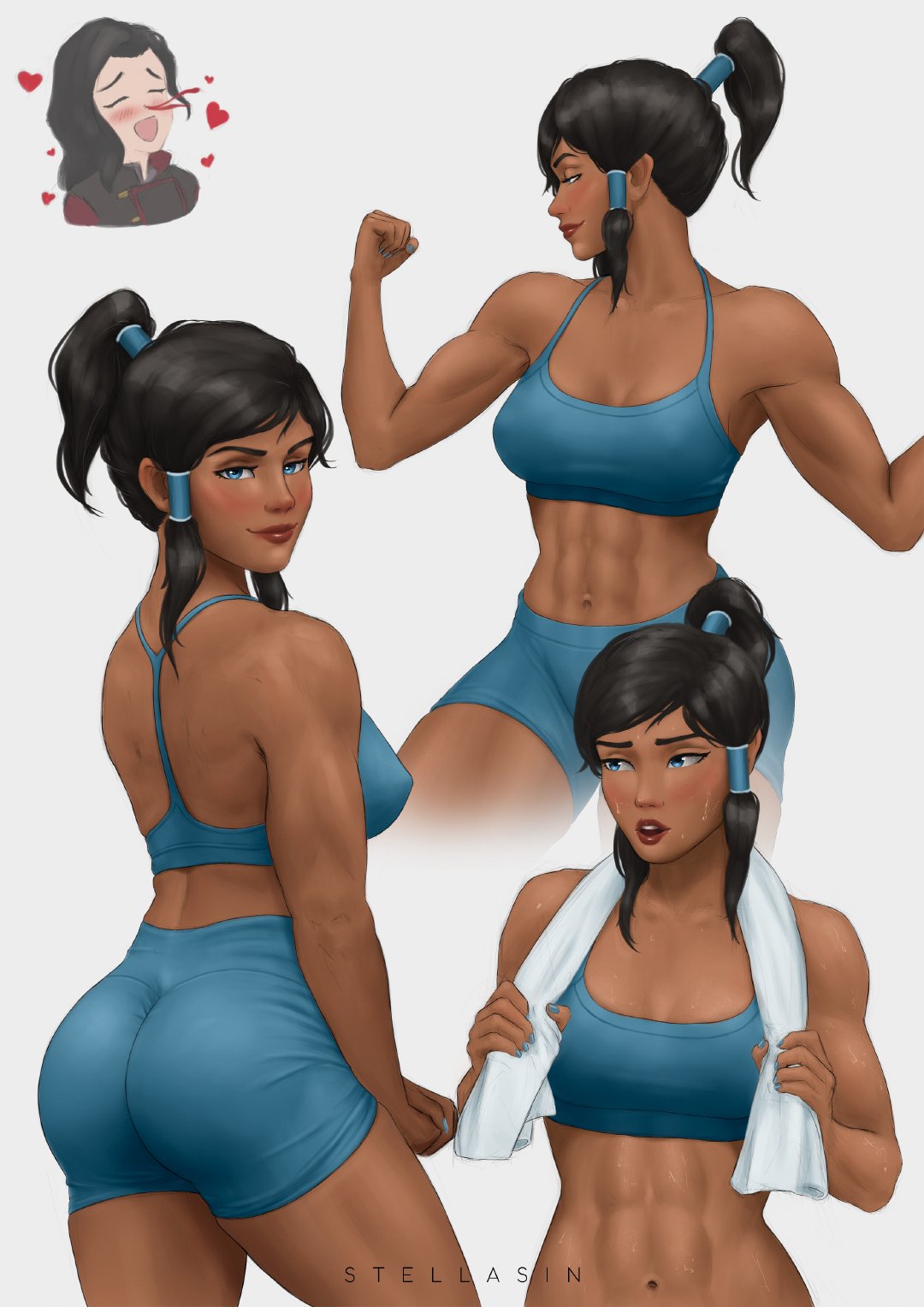 asami_sato athletic_female avatar_legends blue_bottomwear blue_bra bra exercise_clothing korra large_ass medium_breasts muscular_female nickelodeon nicktoons nosebleed shorts stellasin sweat sweatdrop sweating sweaty_body tagme the_legend_of_korra