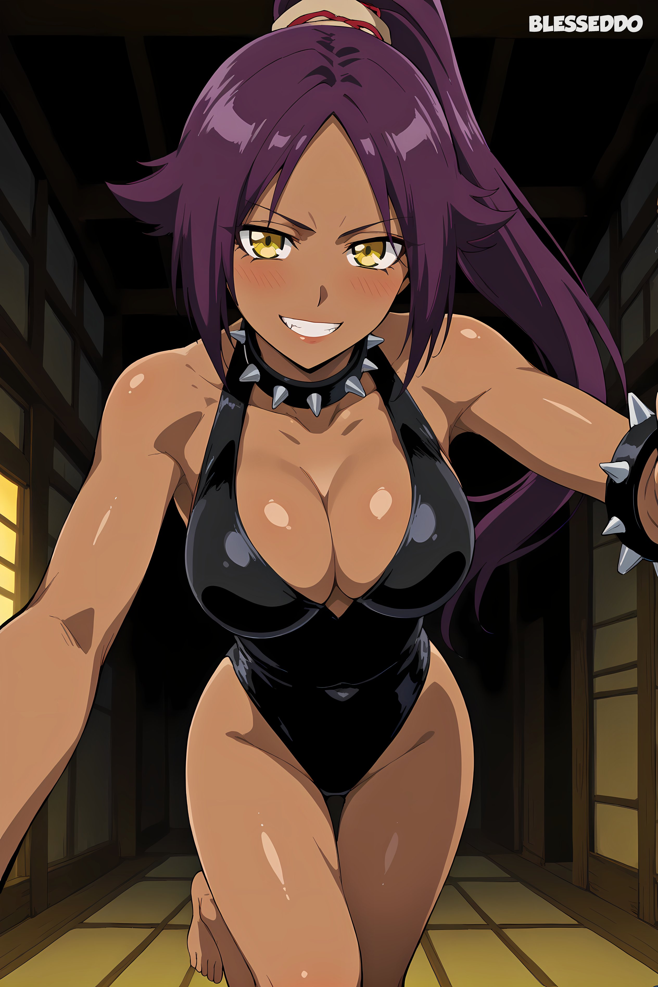 1girls, ai generated, big breasts, bleach, blesseddo, blush, breasts, cleavage, collar, ecchi, female, leotard, long hair, looking at viewer, ponytail, purple hair, shihouin yoruichi, solo, spiked collar, watermark, yellow eyes