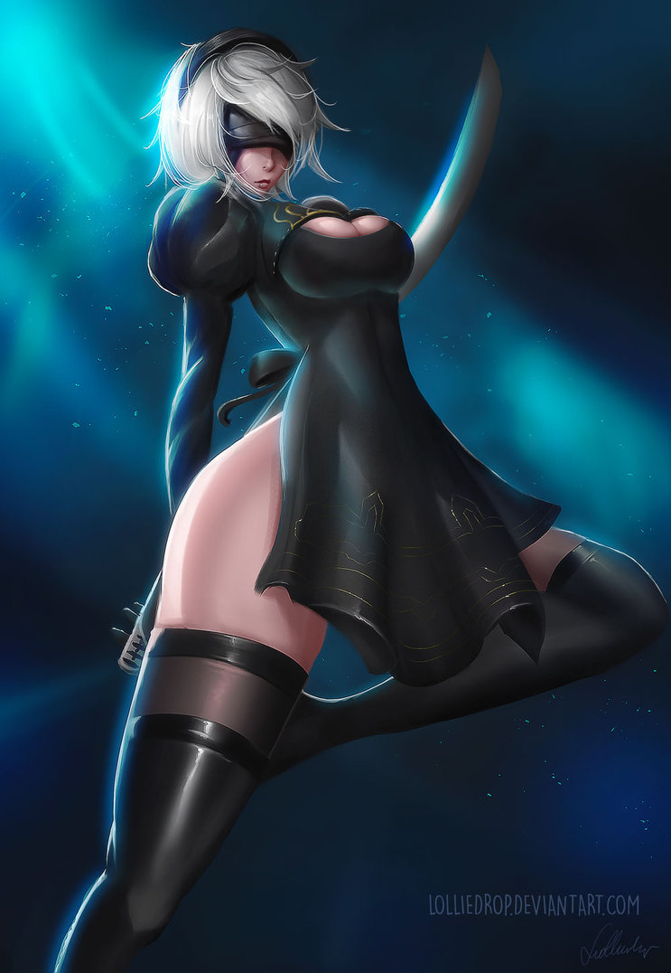 1girls, black boots, black dress, black hairband, black stockings, black thighhighs, blindfold, boots, breasts, cleavage cutout, covered eyes, dress, female, female only, gloves, hair ornament, hairband, high heel boots, highleg, highleg leotard, highres, juliet sleeves, large breasts, leotard, lolliedrop, long sleeves, mole, mole under mouth, nier, nier: automata, puffy sleeves, shoes, short hair, sideboob, silver hair, solo, stockings, thigh boots, thighhighs, white hair, white leotard, yorha 2b