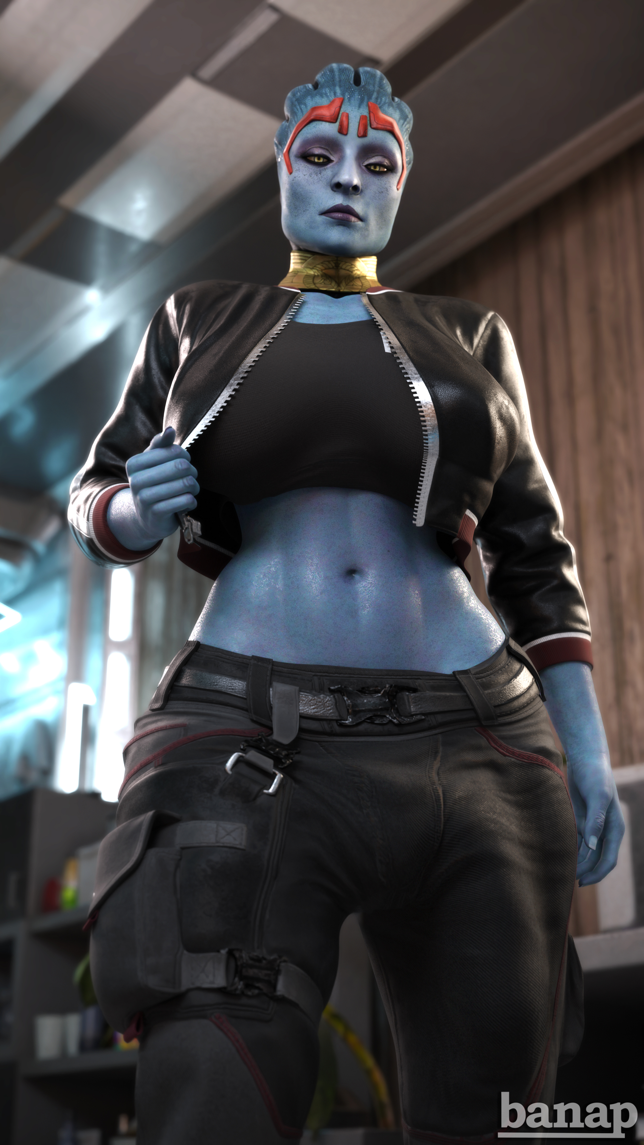 1futa, 3d, 9:16, alien, asari, asari futa, banap, blue eyes, blue skin, bulge, bulge down leg, bulge through clothing, cropped jacket, futa only, futanari, huge cock, intersex, looking at viewer, mass effect, pants, penis, penis outline, samara, solo, solo futa, sports bra