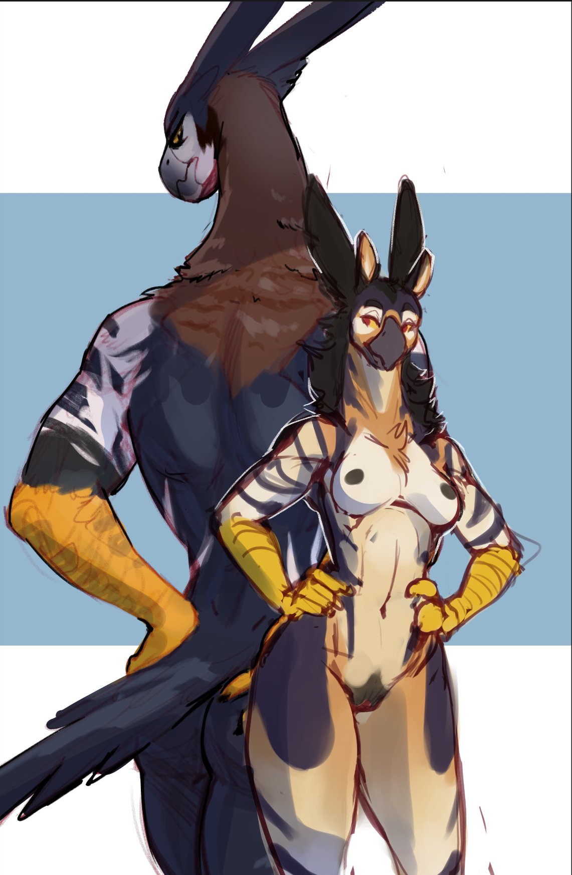 2023 anthro ass avian beak claws daughter_(lore) duo eye_contact father_(lore) father_and_child_(lore) father_and_daughter_(lore) feathers feet female genitals gryphon hand_on_butt hands_on_hips hi_res horse_ears larger_male looking_at_another male mythological_avian mythological_creature mythology nude nude_anthro nude_female nude_male parent_(lore) parent_and_child_(lore) parent_and_daughter_(lore) pussy size_difference skully skully_(skully) smaller_female stripes tail tail_feathers talons toes yellow_eyes