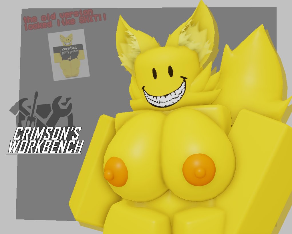 1girls 3d animal_ears animal_tail bald big_breasts black_eyes breasts completely_nude completely_nude_female crimstuff english_text female female_only goober looking_at_viewer loudnormal4 nipples nude nude_female reference_image roblox roblox_avatar robloxian simple_background smile solo standing text thighs watermark yellow_skin