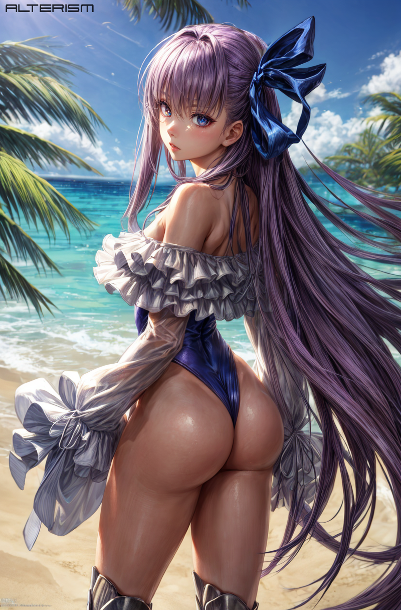 1girls ai_generated alterism ass ass_focus blue_eyes breasts fate/extra_ccc fate/grand_order fate_(series) highleg_leotard leotard long_hair looking_back meltlilith meltryllis meltryllis_(swimsuit_lancer)_(fate) one_piece_swimsuit puffy_sleeves purple_hair stable_diffusion standing thick_thighs wide_hips